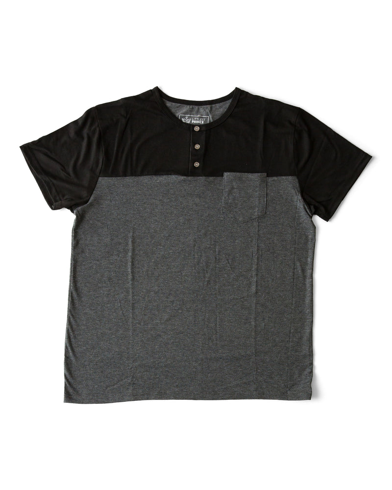 The Littlest Prince Black & Charcoal Block Henley Shirt is for the fashionable little gentleman who likes to take casual up a notch. This cool t-shirt is super comfy and can even be worn under a nice sports jacket with jeans. This set is perfect for stylish brothers as well as for matching daddy!